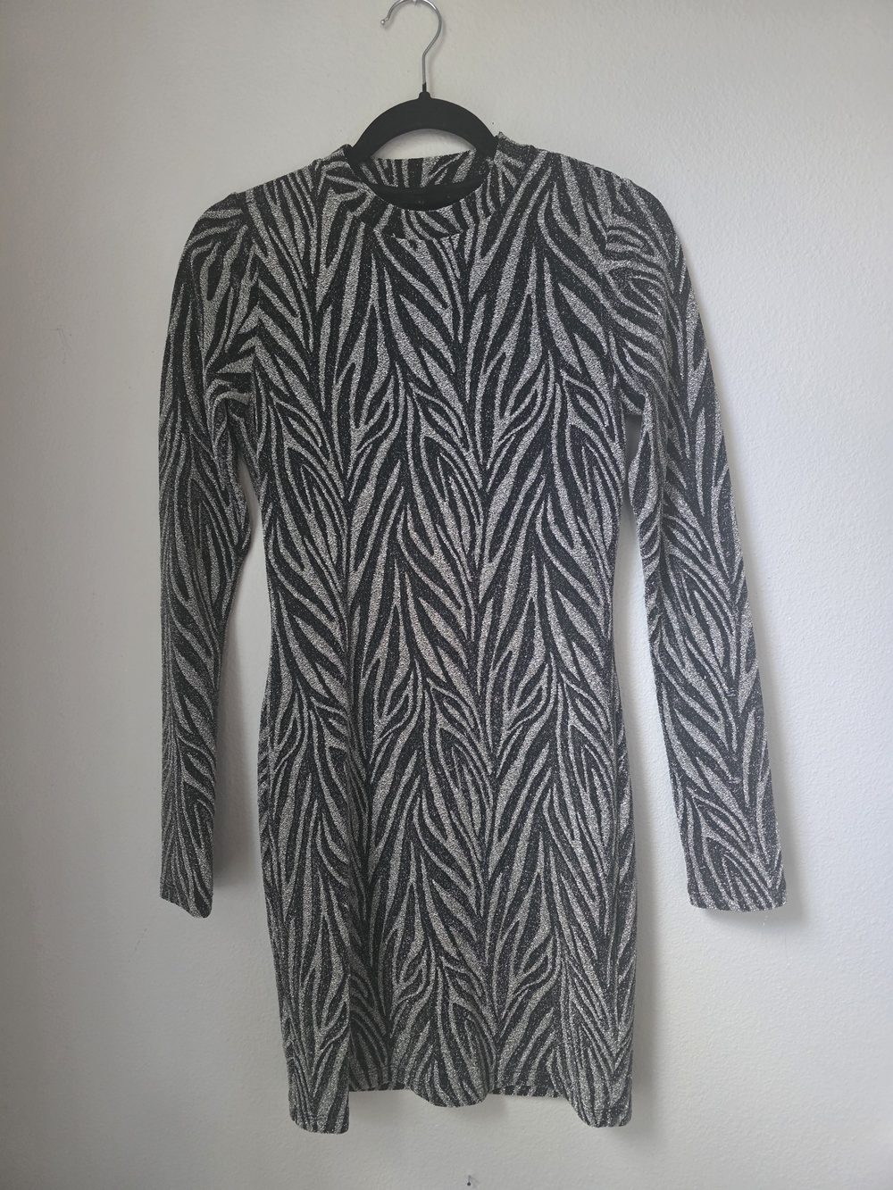 AllSaints Sparkly Black & White Zebra-Pattern Knit Mockneck Dress